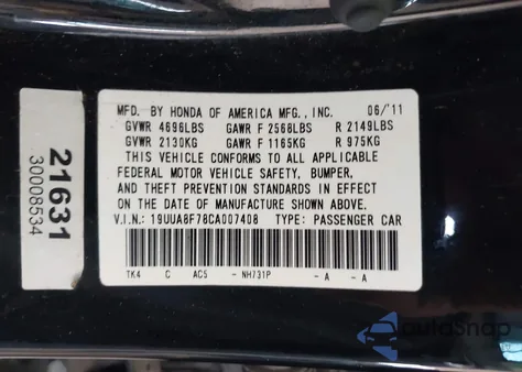 2012 Acura Tl 3.5 from USA, damaged, VIN 19UUA8F78CA007408